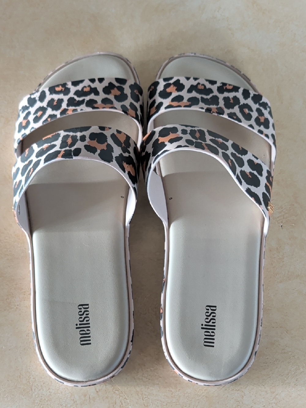 Melissa Women's Leopard Print Double-Strap Slide Sandals in White and Tan